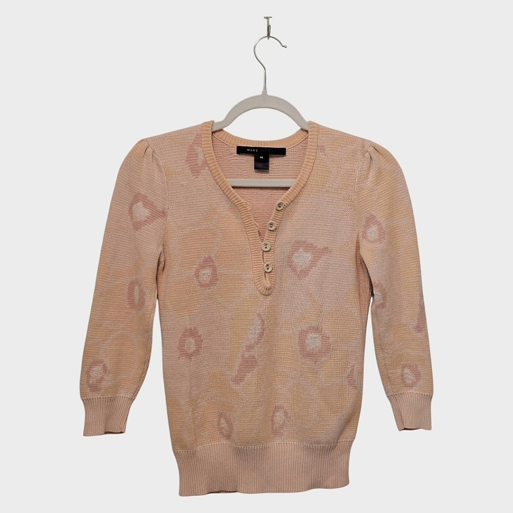 Marc By Marc Jacobs Y2K Floral Knit Henley Sweater Medium Pink Cream Coquette - Picture 3 of 15